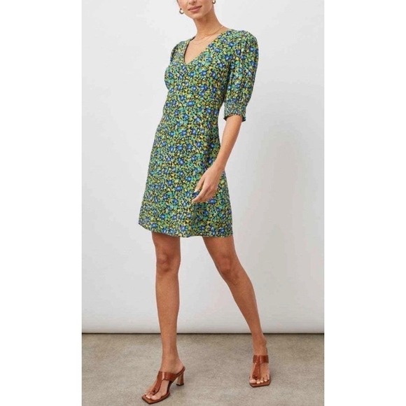Rails Roma Abstract Floral V-Neck Mini Dress Blue Green Yellow Puff Sleeve XS - Picture 3 of 12